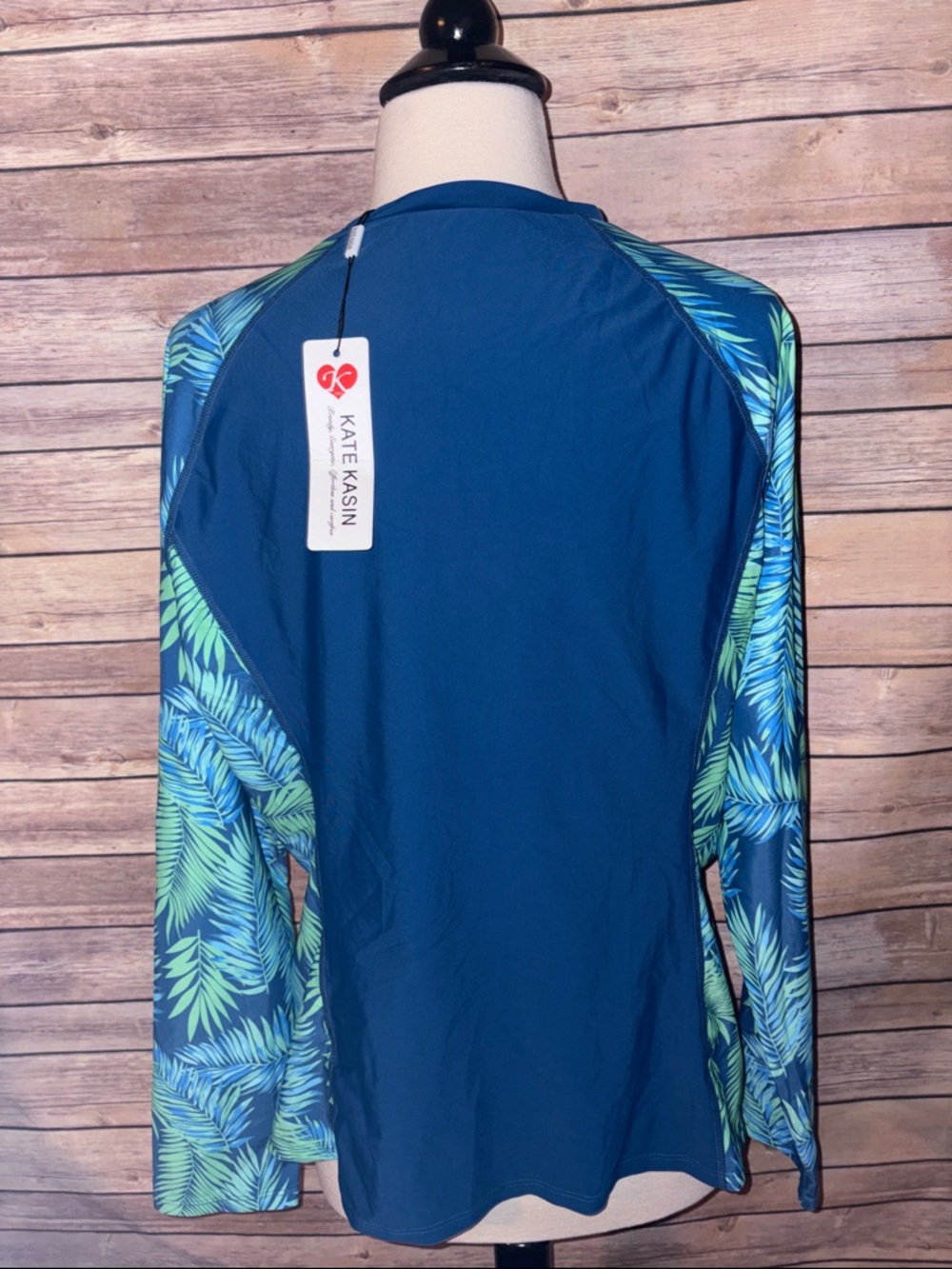 Women’s Navy Blue Zip-Front Rash Guard with Tropical Print Sleeves - Picture 3 of 4